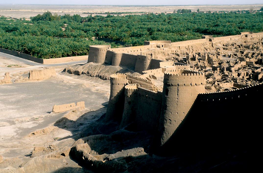 Arg-e Bam citadel with date palm orchards around Bam